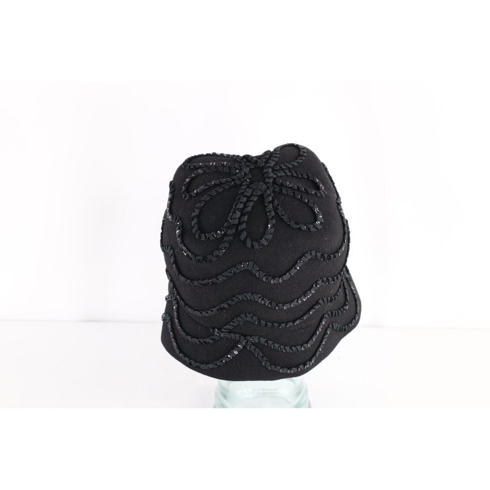 Vintage 50s Rockabilly Wool Felt Sequined Flower Bucket Hat Cap Black Womens USA - Picture 4 of 9